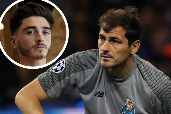 Iker Casillas and (inset) Josh Cavallo. 
