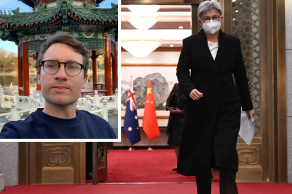 Reporter Matthew Knott in the Diaoyutai State Guesthouse; Foreign Affairs Minister Penny Wong before a media briefing.