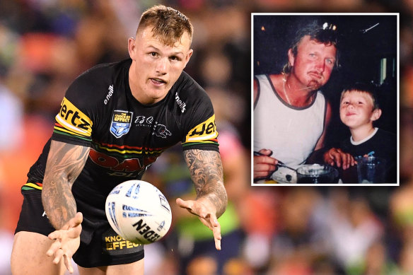 J’maine Hopgood will make his NRL debut for Penrith on Sunday. Inset: A young J’maine with his late father, Dale, who died of a heart attack after a game of rugby league in 2007.