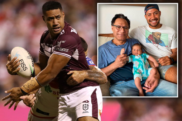 Taniela Paseka with DAD written on his strapping tape; with his late father Leone and son Carter, inset.