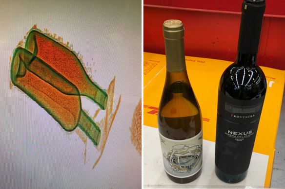 Wine bottles refilled with cocaine. The X-ray shows the different consistency of the drugs hidden inside the bottle. 