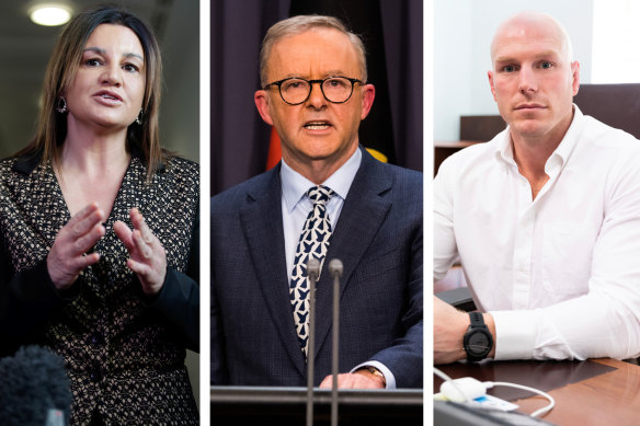 Anthony Albanese, centre, has the support of Jacqui Lambie and David Pocock for legislating a 2030 emissions reduction target.