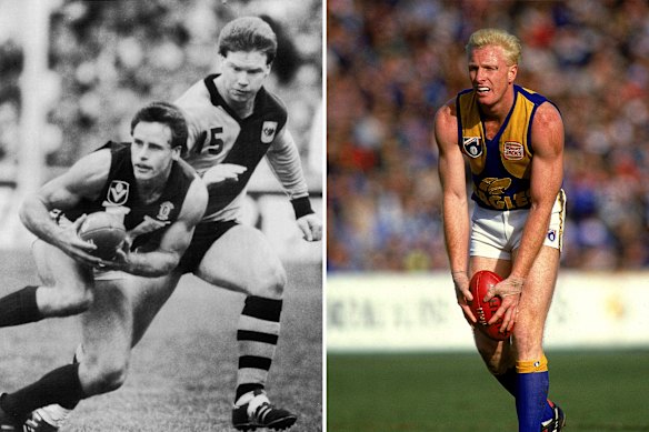 Left: Brad Hardie in action for Western Australia against Victoria in an AFL Origin match. Right: Former Eagles player Karl Langdon starred in WA’s last outing against Victoria in 1992.