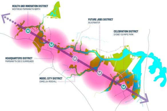 The City of Parramatta’s new “five districts” based on five new Metro stations.