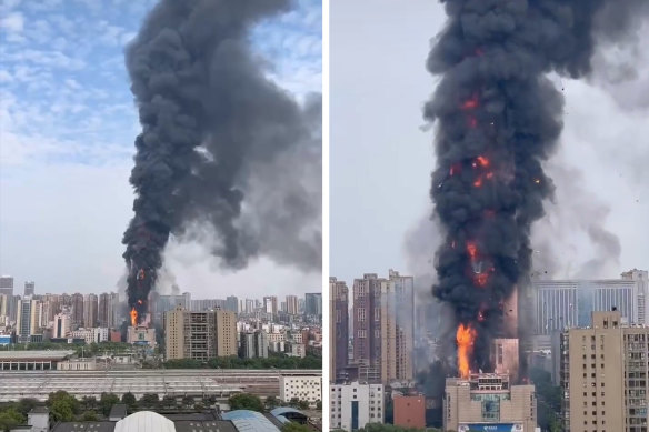 Çin'in güneyindeki Hunan eyaletinin başkenti Changsha şehir merkezinde yüksek katlı bir ofis binası büyük bir yangını sardı.