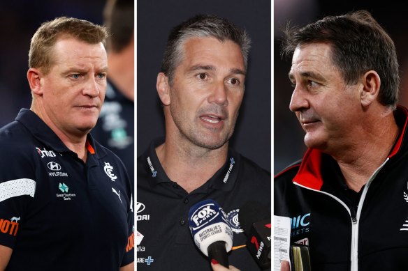 Blues coach Michael Voss, club great Stephen Silvagni and Saints boss Ross Lyon.