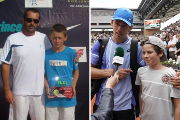 Alex de Minaur pictured as a youngster with his coach Adolfo Gutierrez (left) and (right) this week with his young fan Paul at Roland Garros.
