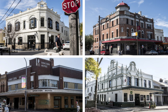 Clockwise from top-left: London Hotel, Imperial Hotel, Bellevue Hotel and Unicorn Hotel.