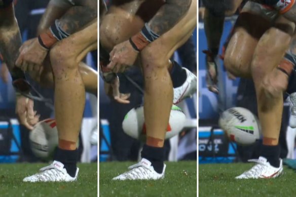 The ball getting stuck to David Klemmer’s wrist strapping tape.