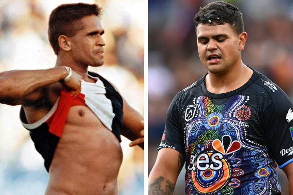 Nicky Winmar’s famous gesture in 1993, and Latrell Mitchell during this year’s All Stars game.  
