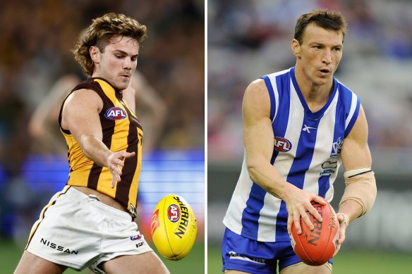 At 170 centimetres tall, diminutive Hawthorn youngster Nick Watson (left) should model his game on AFL games record-holder Brent Harvey (right), a North Melbourne great who stands about five centimetres taller than him.