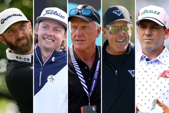 LIV Golf stars (l-r): Dustin Johnson, Cameron Smith, chief executive Greg Norman, Phil Mickelson and Sergio Garcia.