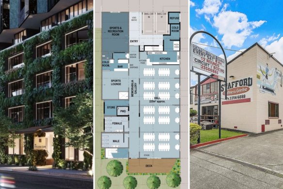 ANFE Italian Club was to be incorporated into a development in Newstead (left), but will instead create a new home (centre) in an old gym at Stafford (right).