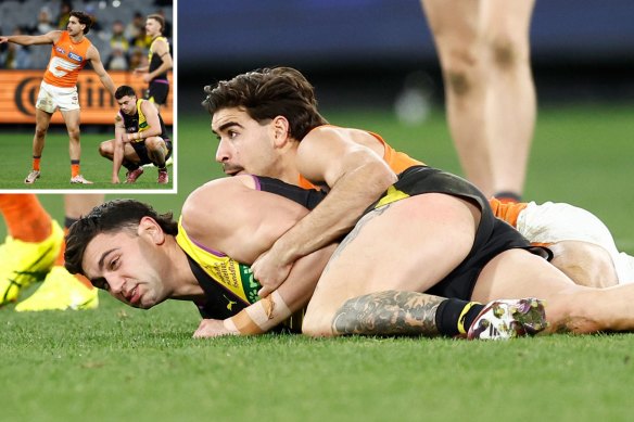 Toby Bedford was suspended for three matches for his tackle on Richmond’s Tim Taranto.