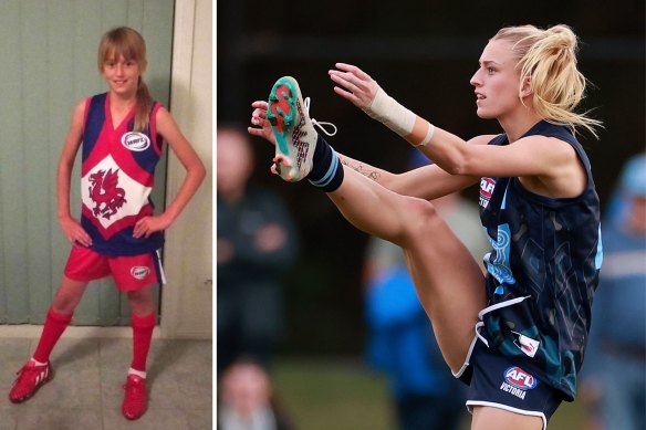 Kristie-Lee Weston-Turner as a 12-year-old (left) when she played for Sunshine Heights, and (right) kicking long for Victoria Metro.