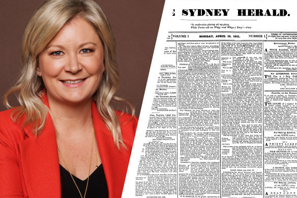 Herald editor Lisa Davies and the original Sydney Morning Herald front page of April 18, 1831.