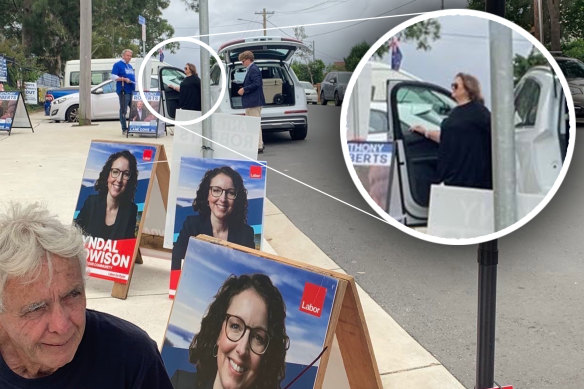 Gina Rinehart helps out at a polling booth on Sydney’s north shore.