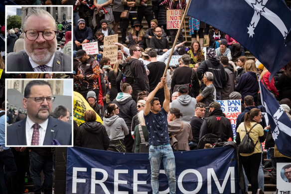 The protesters were joined by state Liberal MPs including Bernie Finn and Craig Ondarchie seeking political capital.