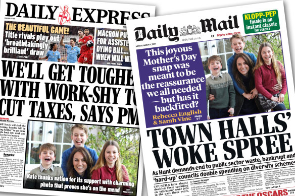 The Daily Express front page says the photo proves that Catherine is “on the mend”. The Daily Mail says that attempt at reassurance may have backfired.