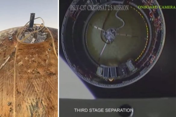 Left: the top of the object found on a beach in WA’s Mid West. Right: onboard camera footage of state 3 of a PSLV rocket detaching during flight. 