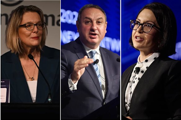 Herald editor Jordan Baker, NSW Education secretary Murat Dizdar, and NSW Education Minister Prue Car at the Sydney Morning Herald’s 2026 Schools Summit.