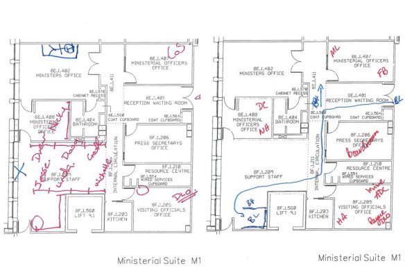 Left to right: Brittany Higgins’ and Bruce Lehrmann’s marked-up diagrams of Linda Reynolds’ office, tendered in evidence in Lehrmann’s defamation case.