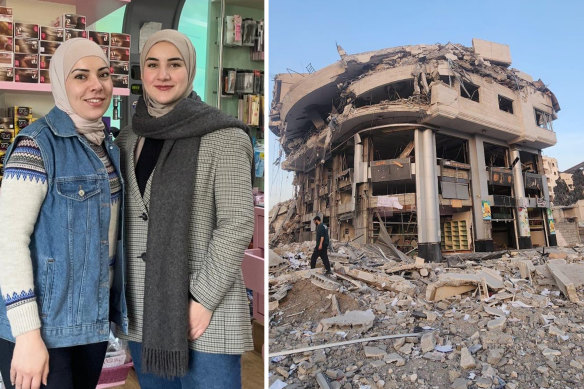 Rose Alhelou and her sister inside her pharmacy in Gaza, and after the pharmacy was destroyed during the war.
