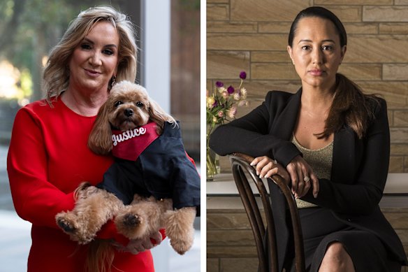 Left: Gina Edwards and Oscar after she won her defamation case against Nine. Right: lawyer Rebekah Giles.