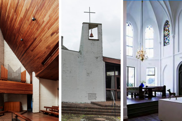 The interior and exterior of the church and, right, impressions of the new owner’s open-plan living space.