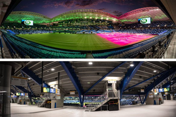 Top: The newly completed Allianz Stadium lights up ahead of its grand unveiling. Bottom: Inside the rebuilt stadium concourse.