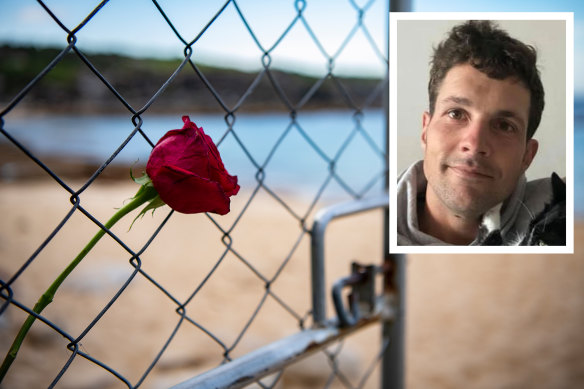 A rose left at Little Bay for shark attack victim Simon Nellist (inset).