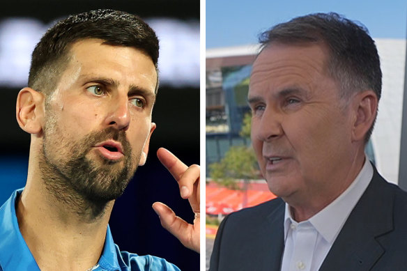 Channel Nine sports presenter Tony Jones (right) has publicly apologised to Novak Djokovic.
