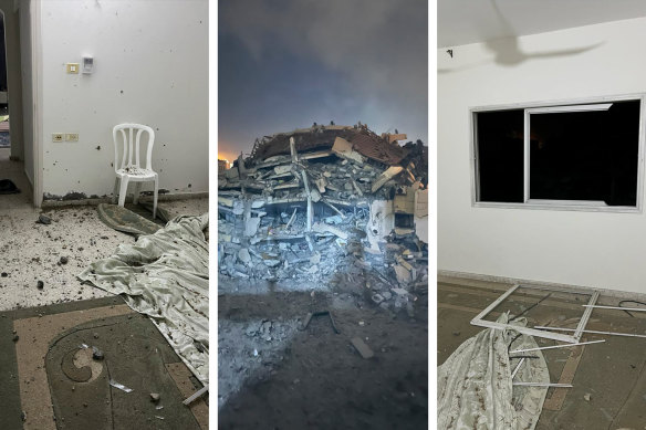 The Australian man’s apartment (left and right) in Gaza after the building next door (centre) was bombed.