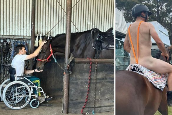 Shane Rose (left) in a wheelchair during  his recovery and riding in his mankini.