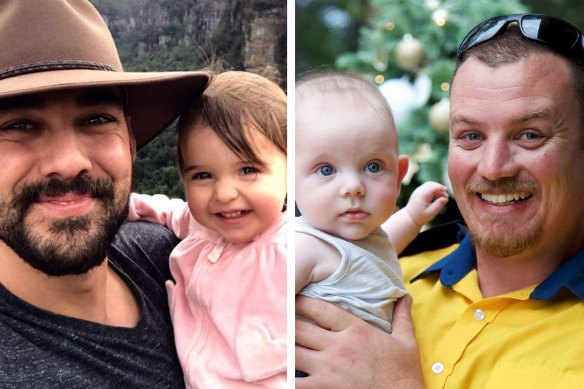 Andrew O'Dwyer and Geoffrey Keaton, both pictured with their young children, died on Thursday night fighting fires at Buxton.