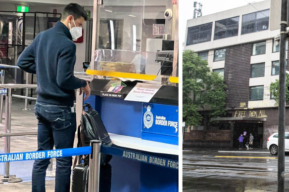 Novak Djokovic at Melbourne Airport and, right, the Park Hotel where he was detained a year ago.