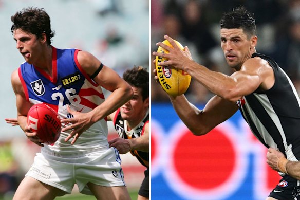 Scott Pendlebury playing in the under-18 grand final for the Gippsland Power in 2005, and (right) in 2025 as he draws ever closer to the AFL games record.