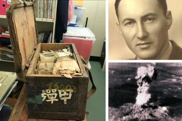 Clockwise: A Japanese artillery box containing archives material from David Harvey-Sutton, and smoke billows from the Hiroshima atomic blast on August 6, 1945.