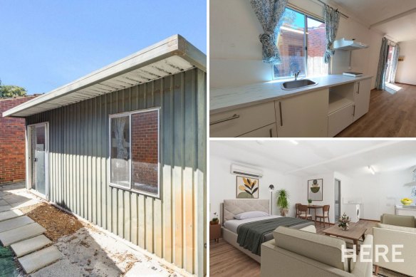 Real estate agent pictures of the shed’s interior (bottom right) contrast sharply with the view in a virtual tour (top right).