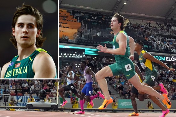 Australian Rohan Browning finishes his 100m heat in second place at the World Athletics Championships in Budapest.