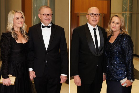 Prime Minister Anthony Albanese with his partner Jodie Haydon (left) arrive at the Mid-Winter Ball, and Peter Dutton does likewise with his wife Kirilly Dutton.
