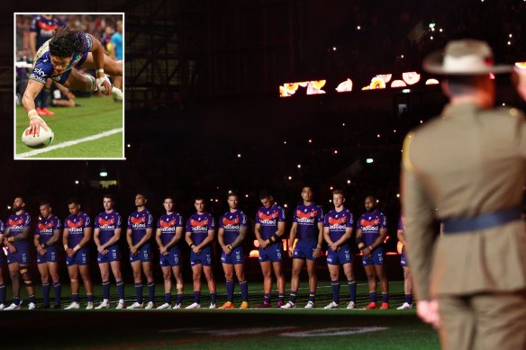Melbourne Storm players during their traditional Anzac Day ceremony at AAMI Park and (inset) Warriors winger Dallin Watene-Zelezniak scoring.