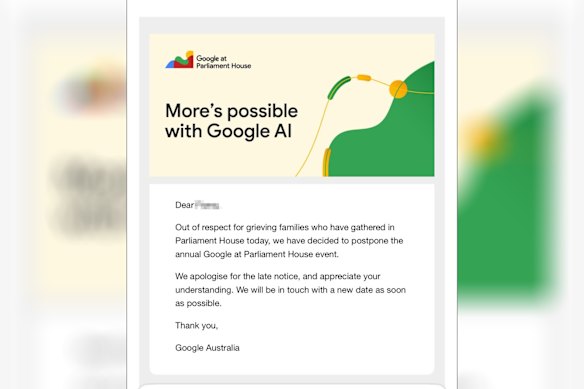 An email sent by Google announcing the cancellation of their event at Parliament House. 