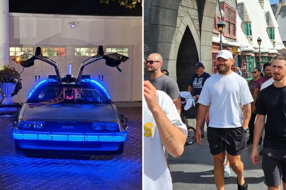 The DeLorean replica at Brandon’s house (left) and Jared Waerea-Hargreaves at Universal Studios in Los Angeles (right)