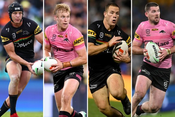 The Panthers interchange bench (L-R) Brad Schneider, Lindsay Smith, Liam Henry and Matthew Eisenhuth.