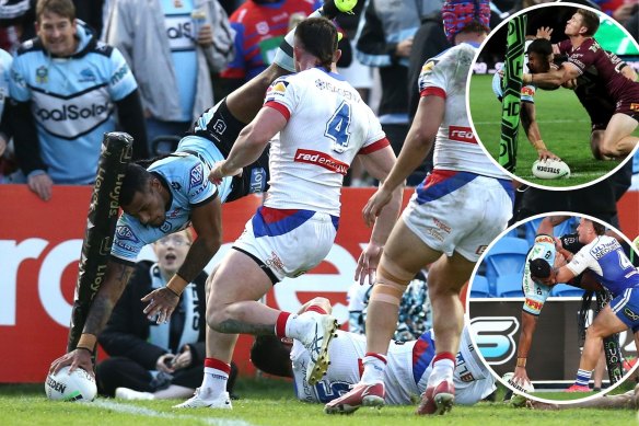 Cronulla’s Sione Katoa takes flight for stunning tries against the Knights, Sea Eagles and Bulldogs.