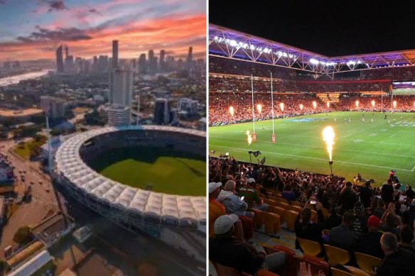 The Gabba (left) and Suncorp Stadium will host the Saturday Lions-Broncos double-header, respectively.