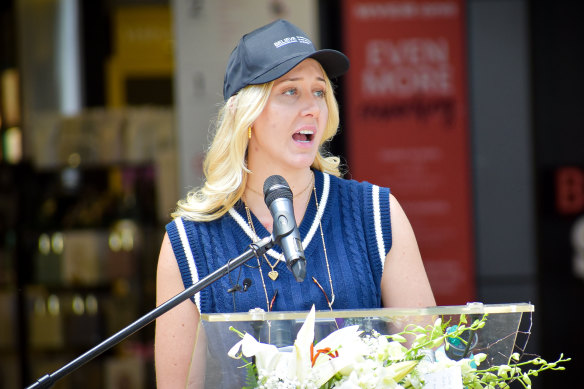 Ariel Bombara speaks at a domestic violence rally in Perth on Monday.