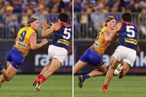 Melbourne superstar Christian Petracca learns you don’t argue with Harley Reid.