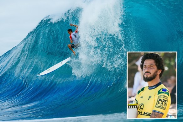 Filipe Toledo (inset) watches the Pipeline Pro action from the shore as American Kade Matson falls down a heavy wave at Back Door.
